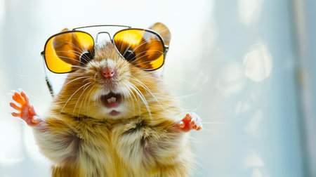 A charming and energetic portrait of a jumping mouse wearing a pair of stylish sunglasses against a light and vibrant backgroundの素材