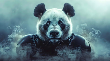 Fierce panda boxer emerging from a dramatic smoke filled background with ample copy space  Conceptual theme of the greatest boxer with a powerful intimidating presenceの素材