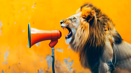 Ferocious male lion with a magnificent mane roaring loudly into a large red megaphone  This advertising concept image has abundant copy space for text or design overlayの素材