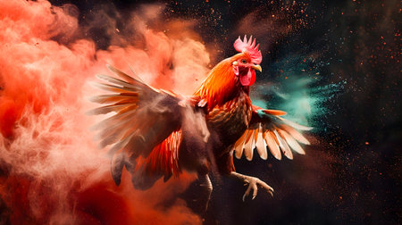 Powerful and dynamic of a roaring rooster in mid flight engulfed in a vibrant explosion of colorful powder clouds against a dark dramatic background  The scene evokes a sense of energy motionの素材