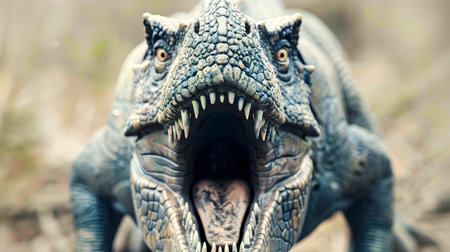 Angry prehistoric reptilian creature with gaping jaws and sharp teeth in a fierce attack pose exuding a sense of primal power and danger from the primeval worldの素材