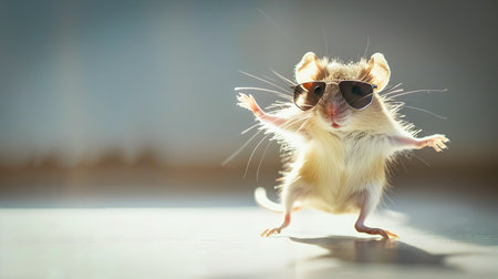 Joyful Jumping Mouse in Sunglasses Against Light Background   Promotional Banner with Copy Space  Cute Energetic Rodent Character for Marketing and Advertisingの素材