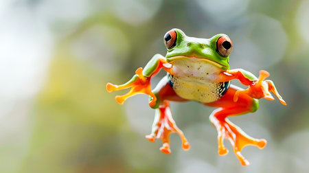 Vibrant Green Tree Frog Jumping Gracefully Amongst Verdant Foliage in a Lush Tropical Forest Environmentの素材