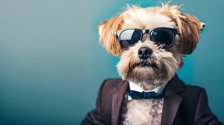 Portrait of a Stylish Dog Wearing Sunglasses and a Suit Conveying a Professional and Confident Business Demeanor with Copy Space for Textの素材