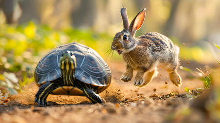 Adorable rabbit racing against slow and steady turtle in a dynamic playful wildlife scene making comical facial expressions as they navigate the forest terrainの素材