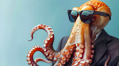 Quirky and Unusual Octopus Businessman Wearing Sunglasses and Formal Corporate Suit in an Underwater Background Scene with Copy Spaceの素材