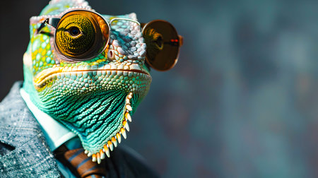 Close up Portrait of a Colorful Chameleon Wearing Stylish Sunglasses and a Suit Posing Against a Blurred Background with Ample Copy Space for Textの素材