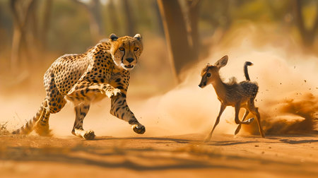 Cheetah Chasing Deer at High Speed on Dirt Road in Wild Nature  Powerful predator pursuing its prey in a thrilling display of speed and agility in the African savannaの素材