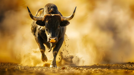 Fierce muscular bull with large horns charging angrily down a dusty dirt road kicking up clouds of dust as it gallops forward with tremendous power and speedの素材
