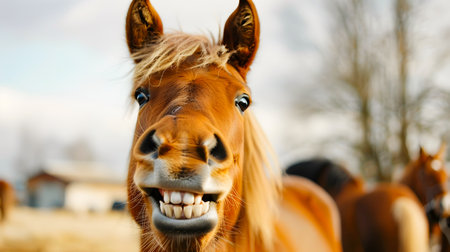 Cheerful Equine Portrait of a Smiling Horse with Friendly Facial Expression Showing its Teeth in a Whimsical and Delightful Manner against a Rural Outdoor Backdropの素材