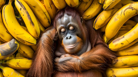 Closeup of a content and relaxed orangutan ape resting comfortably on a heap of fresh bananas captured from a high angle perspective  The primate appears calm and peaceful in its natural habitatの素材