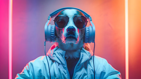 Futuristic anthropomorphic dog character wearing sunglasses headphones and a white jacket listening to music with a colorful neon gradient background and wide screen spaceの素材