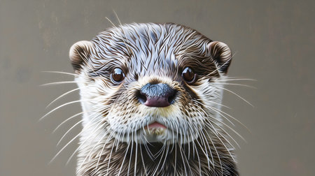Captivating close up portrait of a cute and curious oriental small clawed otter with its distinctive whiskers furry face and expressive eyes in a natural river or stream settingの素材