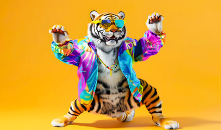 Playful and energetic tiger wearing a vibrant fashion forward outfit with sunglasses dancing against a colorful abstract backgroundの素材