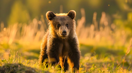 Curious and captivating brown bear cub standing in a peaceful forest setting surrounded by tall grass and basking in the warm golden hour sunlight  This youngの素材