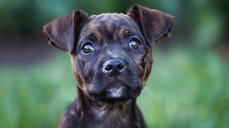 Closeup portrait of an adorable fluffy mixed breed puppy with big eyes and a cute nose set against a blurred natural backgroundの素材