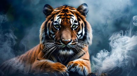 Majestic Tiger in Dramatic Misty Background Showcasing Raw Power and Fierce Beauty of the Wild Predator  The image captures the intense mysteriousの素材