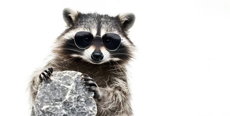 Adorable and Charming Raccoon Striking a Playful Rock Gesture while Wearing Stylish Sunglasses Isolated on a Clean White Background  This Whimsical and Comedic Animal Portrait Has a Quirkyの素材