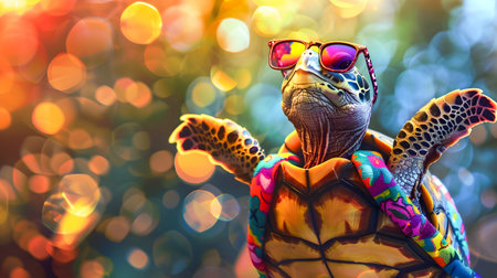 A cheerful turtle wearing stylish sunglasses and a colorful eclectic fashion outfit dancing joyfully against a background in a fun whimsical sceneの素材
