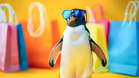 Fashionable Penguin Happily Shopping with Vibrant Sunglasses and Colorful Accessories on Random Playful Backgroundの素材