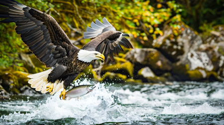 Majestic Bald Eagle with Outstretched Wings Swooping Down to Snatch a Salmon from the Rushing Waters of a Rugged River in a Dramatic Nature Scene Showcasing the Power and Grace of This Iconic Bird ofの素材