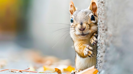 Cautious and curious squirrel cautiously peeking its head around the corner of a tree trunk in a lush autumn forest setting with fall foliage and branches in the backgroundの素材