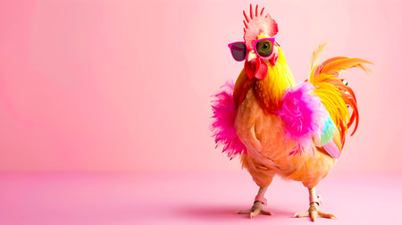 Lively and Colorful Image of a Chicken Wearing a Fashionable Outfit with Sunglasses Dancing Enthusiastically Against a Bright and Playful Backgroundの素材