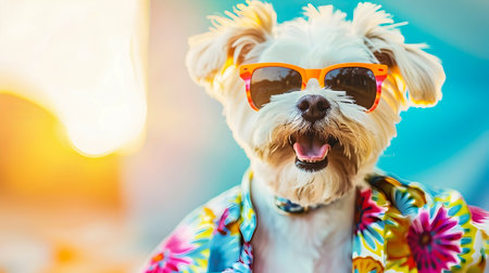 Cheerful and Lively Pet Dog Dancing Excitedly while Wearing Colorful Fashionable Outfit and Stylish Sunglasses Set Against a Random and Vibrant Backgroundの素材