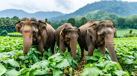 A herd of elephants peacefully grazing on agricultural crops in a lush mountainous landscape showcasing the delicate balance between wildlife and agricultureの素材