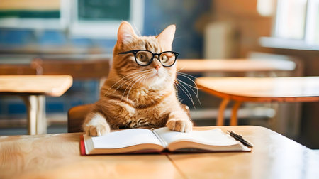 Cute and Clever Tabby Cat Wearing Eyeglasses Studying Intently at a Desk in a Cozy Classroom Environment Demonstrating Intellectual Curiosity and Academic Focusの素材