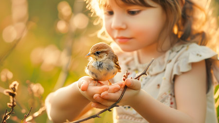 A young girl tenderly holding a small bird in her cupped hands showcasing the concept of animal protection care and the delicate bond between humans and nature  The sereneの素材