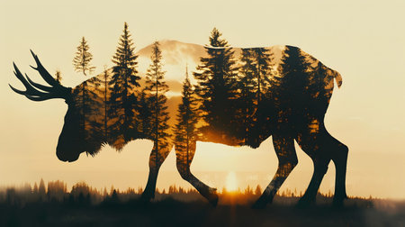 Silhouette of a wild animal shaped by the forest trees against a dramatic sky at sunset or sunrise  Majestic and mysterious natural landscape in a remote untouched wilderness settingの素材