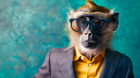 A sophisticated and well dressed baboon with a serious expression poses for a corporate style portrait wearing a tailored suit and stylish sunglasses against a colorfulの素材