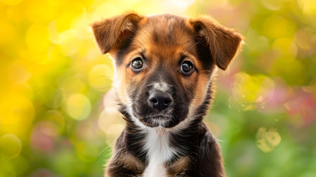 Adorable and playful mixed breed puppy looking at the with a curious and friendly expression against a blurred natural background of greeneryの素材