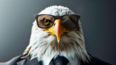 A rendering of a majestic bald eagle donning a sharp business suit and stylish sunglasses set against a professional background with ample copy spaceの素材