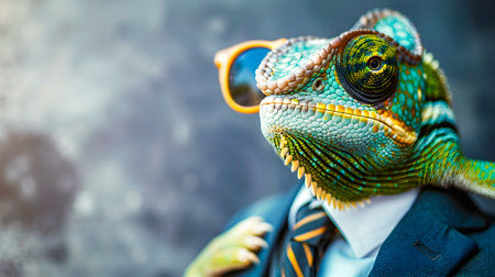Captivating portrait of a chameleon wearing a stylish suit and sunglasses set against a clean contemporary background with ample copy spaceの素材