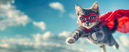A mischievous superhero cat wearing a red cloak and mask leaping powerfully through the air against a vibrant blue sky with fluffy white clouds  The feline appears to be in mid flightの素材