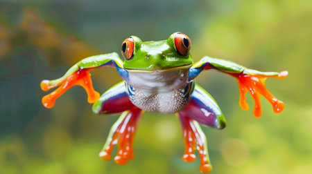 Closeup of a vibrant green and red tree frog with large eyes leaping gracefully through the branches of a lush mossy forest environment  This dynamicの素材
