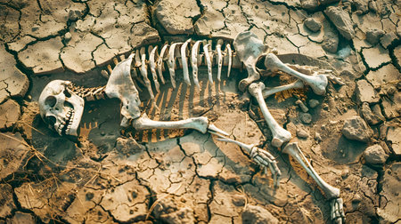 Skeletal remains of an animal on a parched dried up landscape a victim of the devastating effects of prolonged drought and the worsening climate change crisisの素材