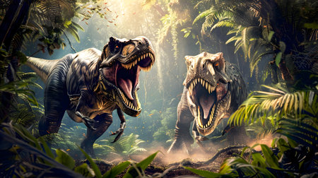 Frightening Prehistoric Dinosaurs Roaring and Attacking Each Other in a Lush Dense Jungle Environment with Foliage Trees and Plantsの素材