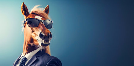Stylish Business Horse in Sunglasses and Suit Corporate Animal Portrait   Confident Sophisticated and Charismatic Equine in Professional Attireの素材
