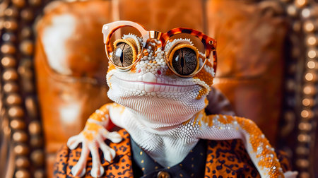Stylish and Sophisticated Tokay Gecko Wearing Fashionable Glasses and Suit Sitting Regally on a Throne with Ample Copy Space for Text or Design  Vibrant Colorful and Utterly Unique Wildlife Portraitの素材