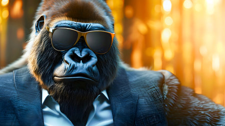 Stylish Gorilla Businessman in Sunglasses and Suit with Copy Space  Creative portrait of a formal professional animal character in a modern corporate setting with a natural backgroundの素材