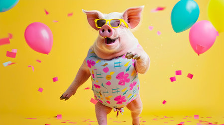 Joyful of a Happy Pig Character Wearing Stylish Sunglasses and Vibrant Patterned Outfit Dancing Energetically on a Colorful and Whimsical Random Backgroundの素材