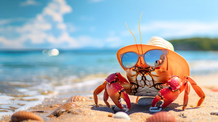 Cheerful Crab with Sunglasses and Straw Hat Relaxing on Tropical Beach During Summer Vacation  Playful Crustacean Enjoying Idyllic Seaside Escape and Coastal Lifestyleの素材