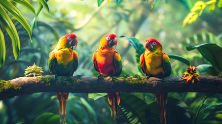 Vibrant colorful tropical birds including parrots macaws and other exotic species perching together on a tree branch in the lush green foliage of a tropical rainforest environmentの素材