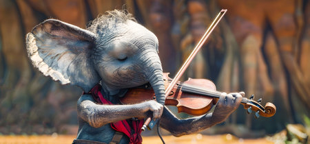 Talented Elephant Virtuoso Performing on Violin in Surreal Nature Setting   A whimsical and captivating digital showcasing an elephant playing a violin with extraordinary skill and against aの素材