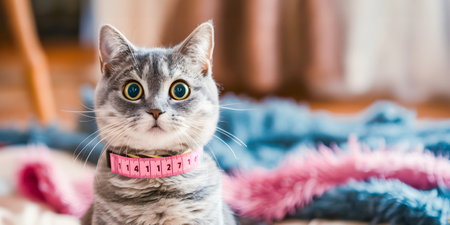 Stylish Gray White Cat Wearing Measuring Tape Collar Looking at in Home Studio  Cute Domestic Feline Pet Posing for Portrait with Centimeter Accessoryの素材