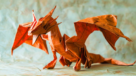 Stunning origami dragon sculpture meticulously crafted from intricate folded paper in rich brown and orange tones showcasing the and creativity of this unique handmade decorative modelの素材