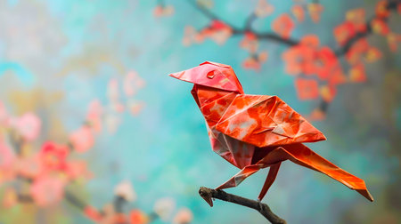 Vibrant Origami Bird Perched on Autumnal Branches   Intricate Folded Paper Sculpture of a Bird in Warm Fall Colors and Geometric Shapes Amid Leafy Twigsの素材